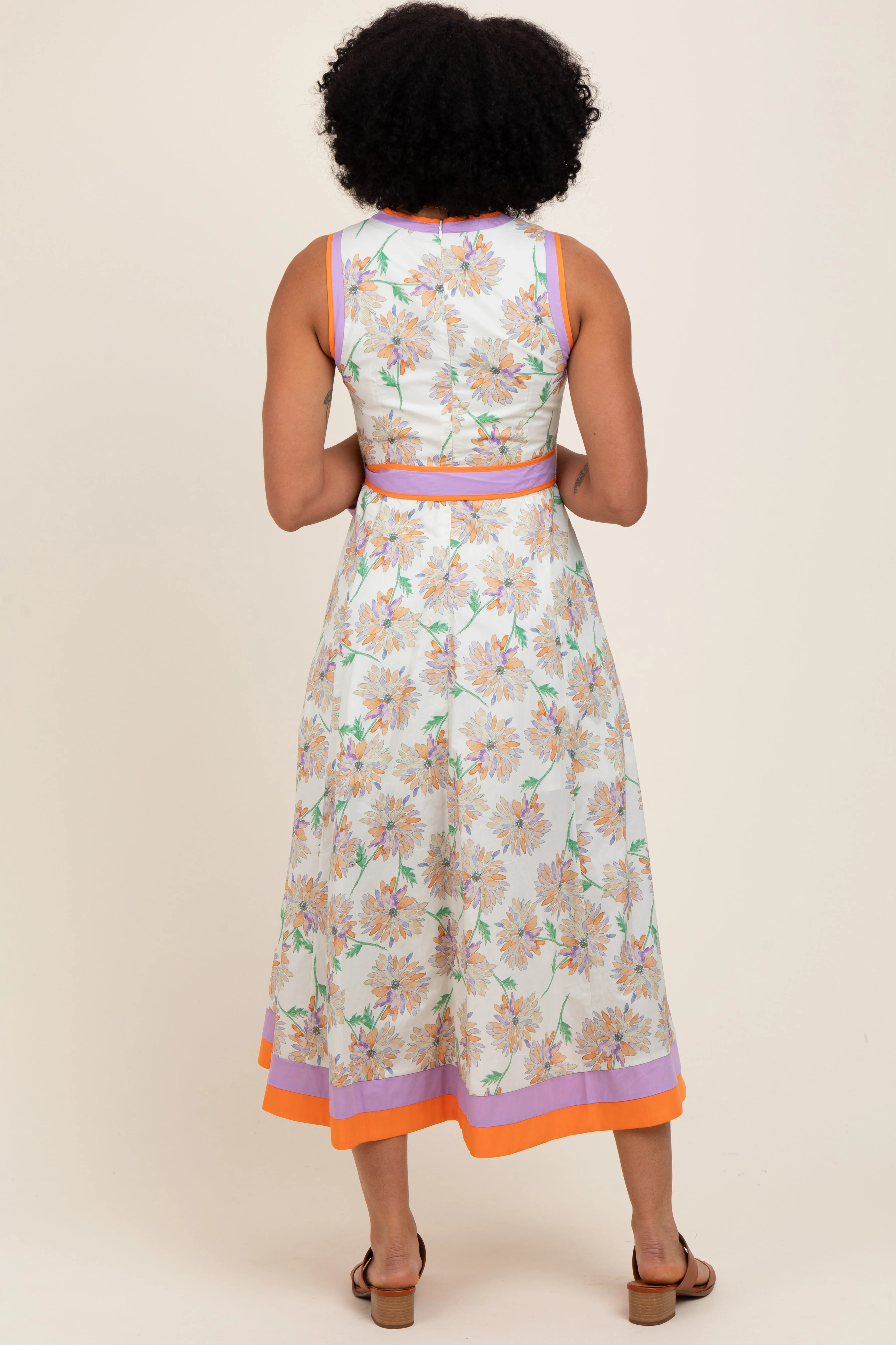 Orange Floral Sleeveless Sash Tie Midi Dress sold by Pinkblush product image thumbnail 3
