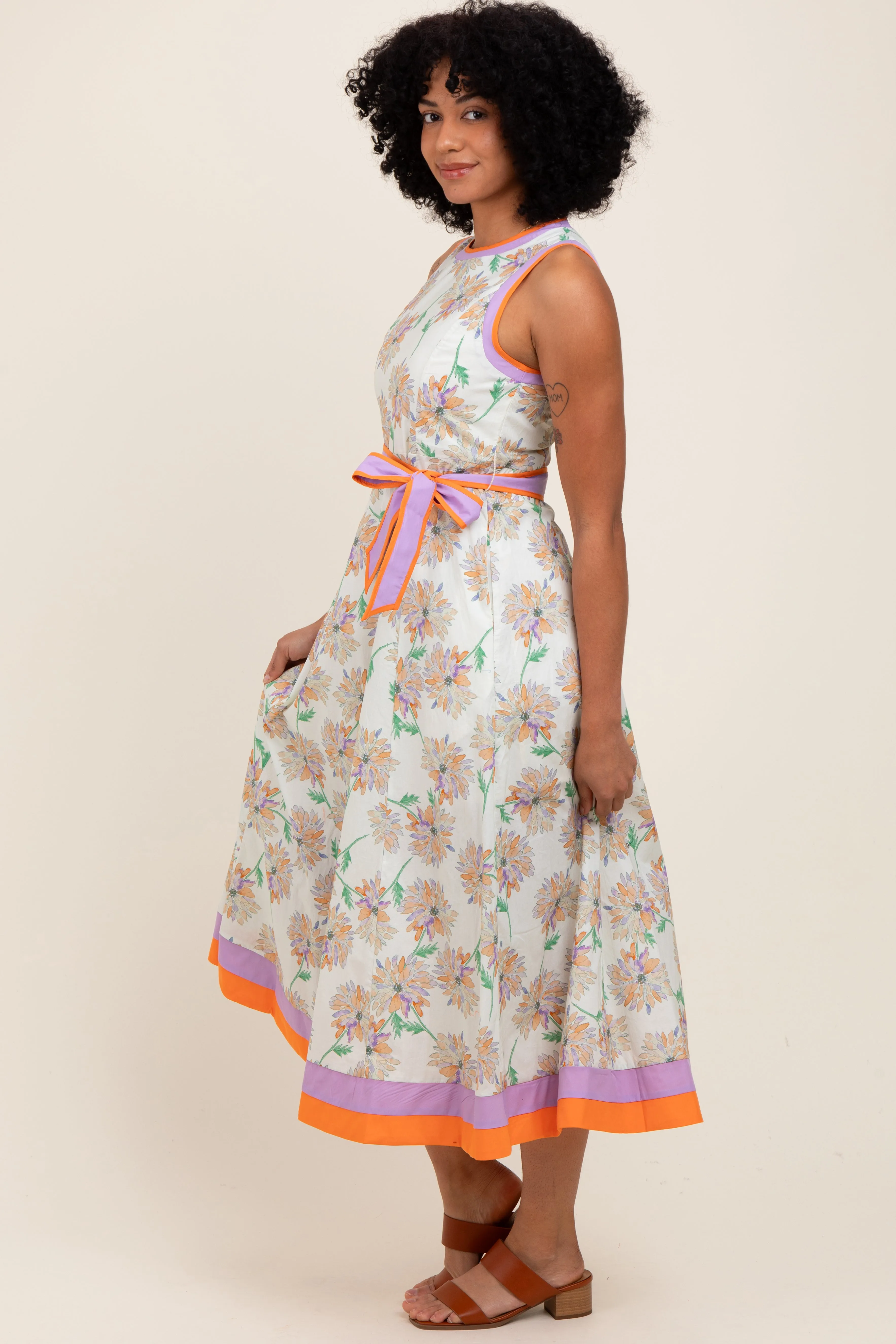 Orange Floral Sleeveless Sash Tie Midi Dress sold by Pinkblush product image thumbnail 2
