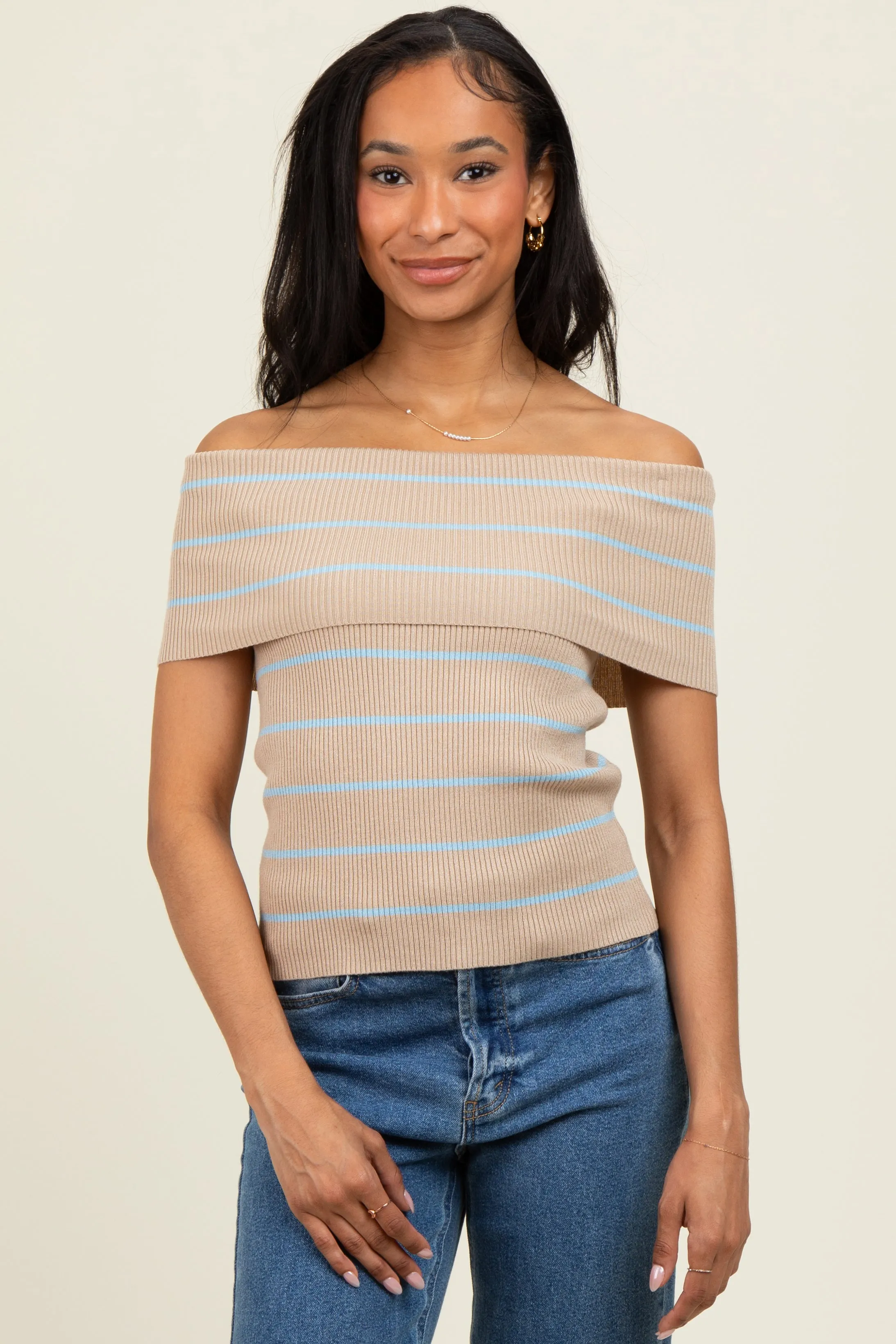 Taupe Striped Off The Shoulder Sweater Top sold by Pinkblush