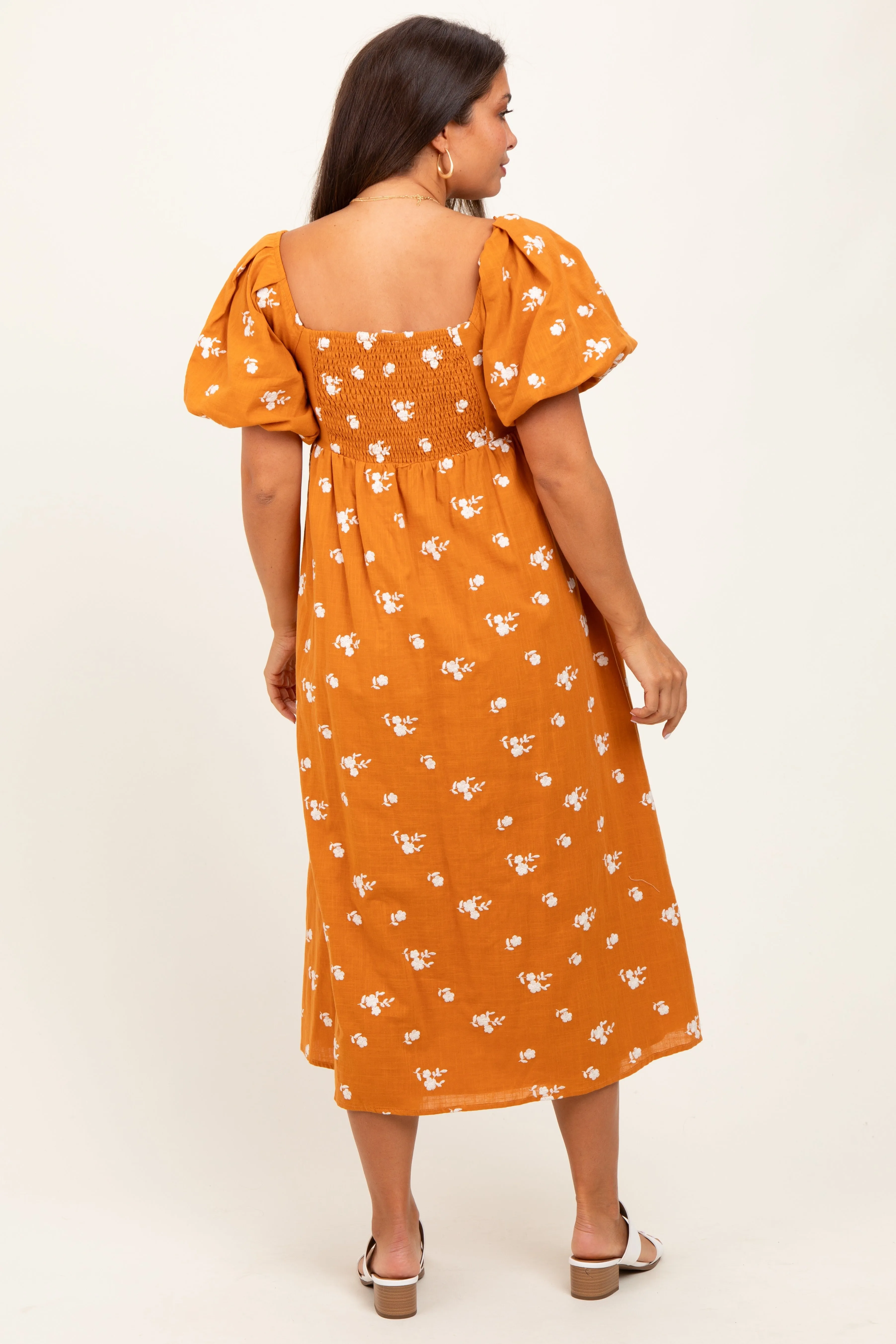 Orange Embroidered Floral Puff Sleeve Maternity Midi Dress sold by Pinkblush product image thumbnail 3