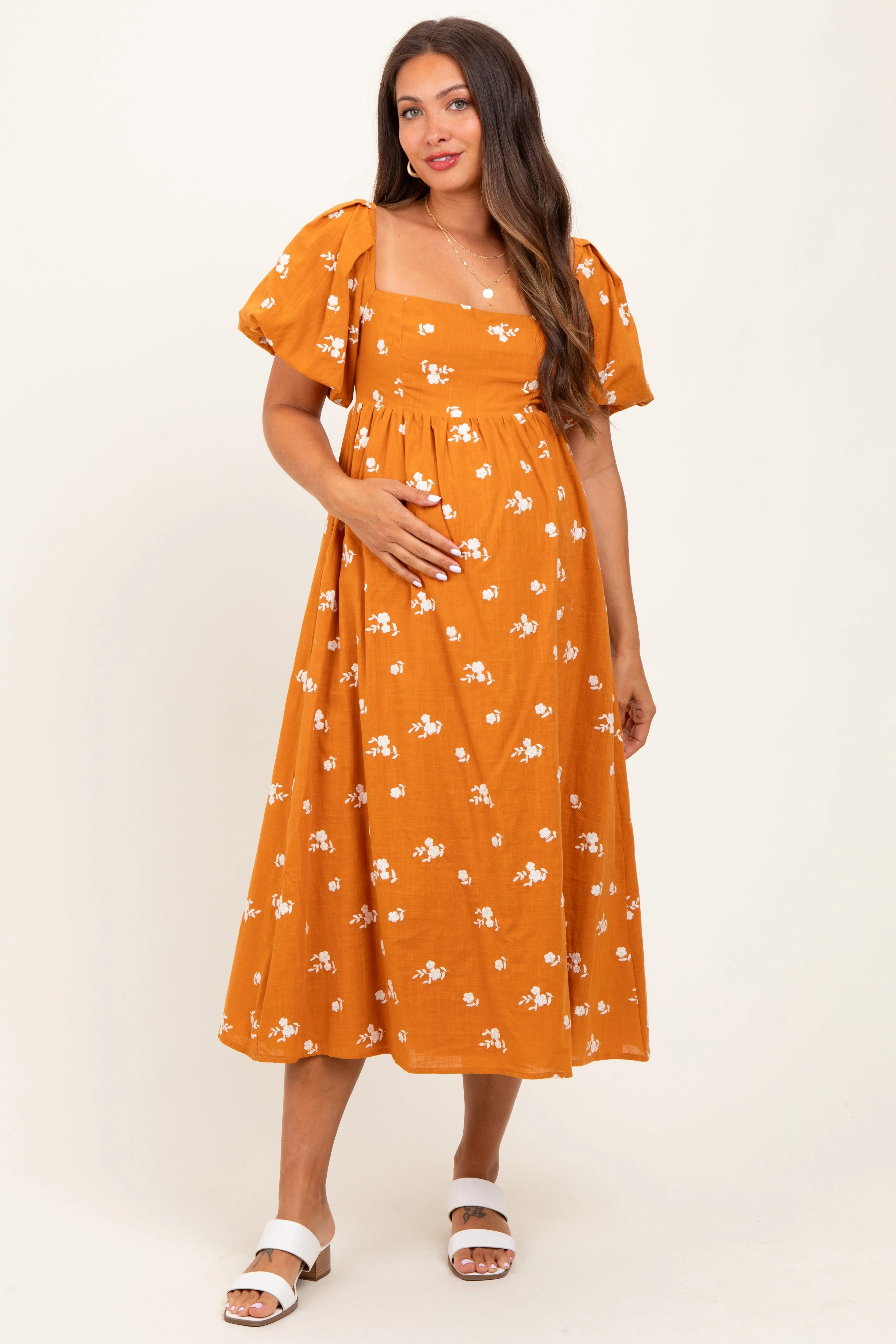 Orange Embroidered Floral Puff Sleeve Maternity Midi Dress sold by Pinkblush