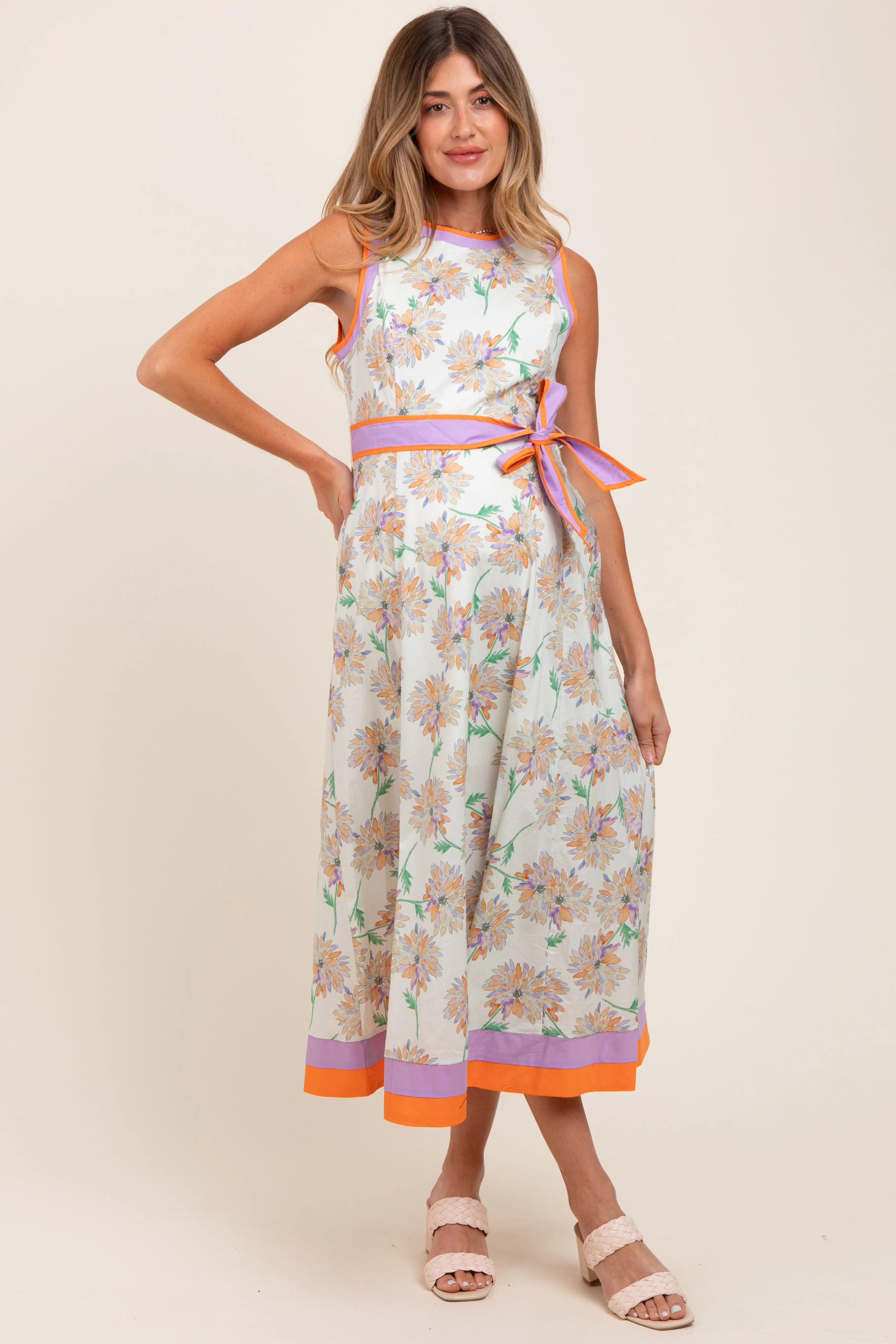 Orange Floral Sleeveless Sash Tie Maternity Midi Dress sold by Pinkblush product image thumbnail 2