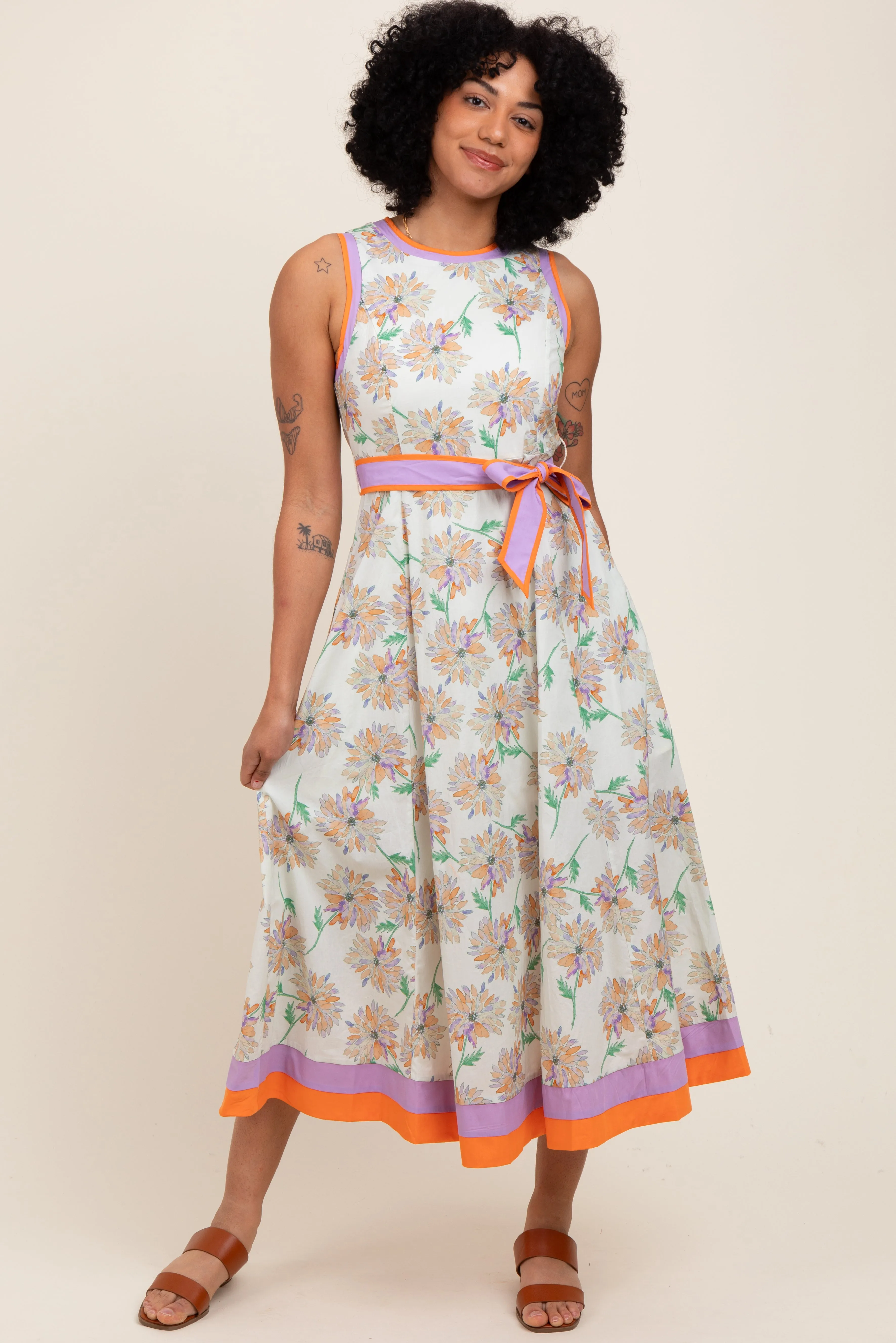 Orange Floral Sleeveless Sash Tie Maternity Midi Dress sold by Pinkblush product image thumbnail 4