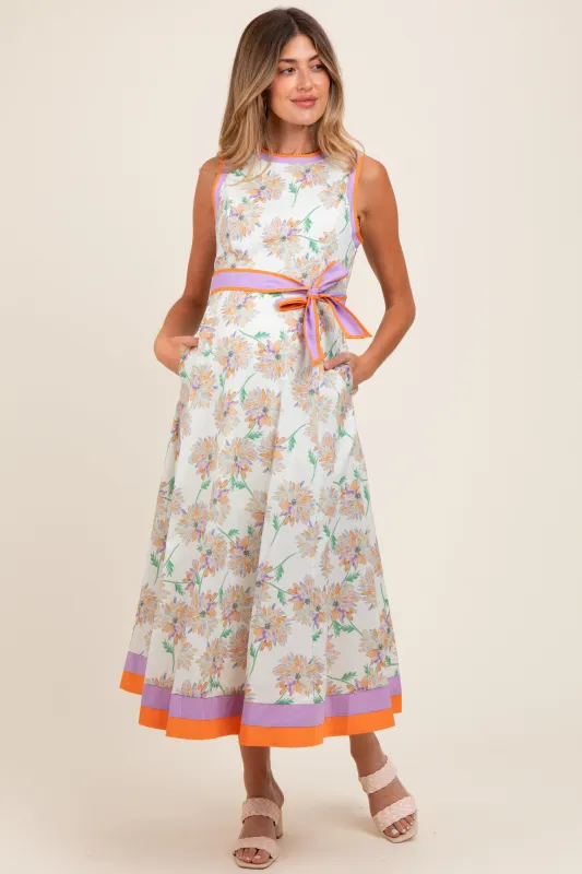 Orange Floral Sleeveless Sash Tie Maternity Midi Dress sold by Pinkblush