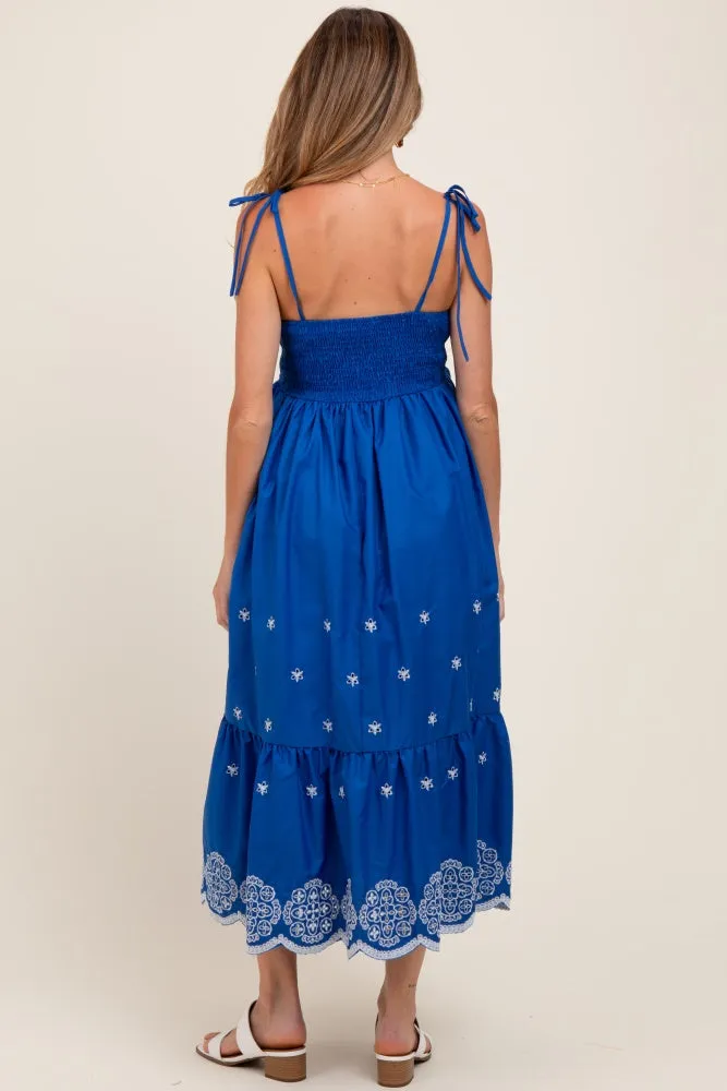 Blue Embroidered Shoulder Tie Maternity Midi Dress sold by Pinkblush product image thumbnail 4