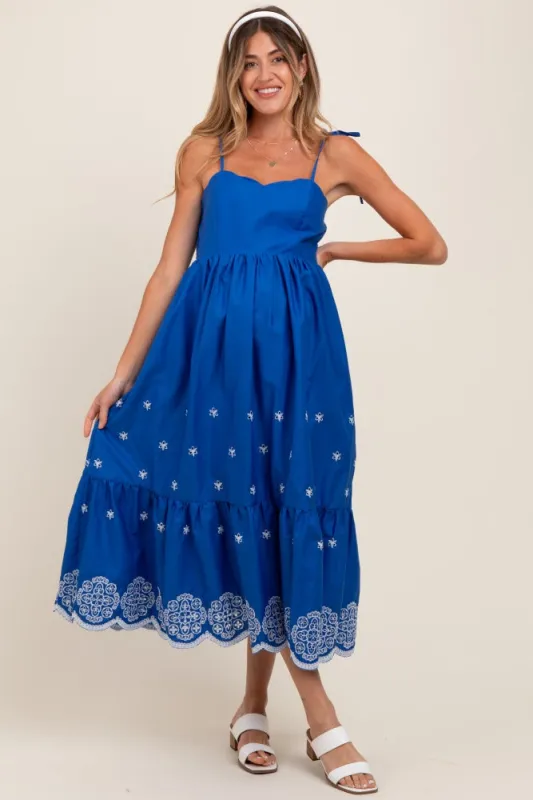 Blue Embroidered Shoulder Tie Maternity Midi Dress sold by Pinkblush