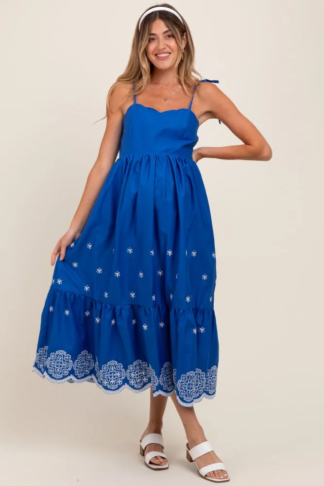 Blue Embroidered Shoulder Tie Maternity Midi Dress sold by Pinkblush