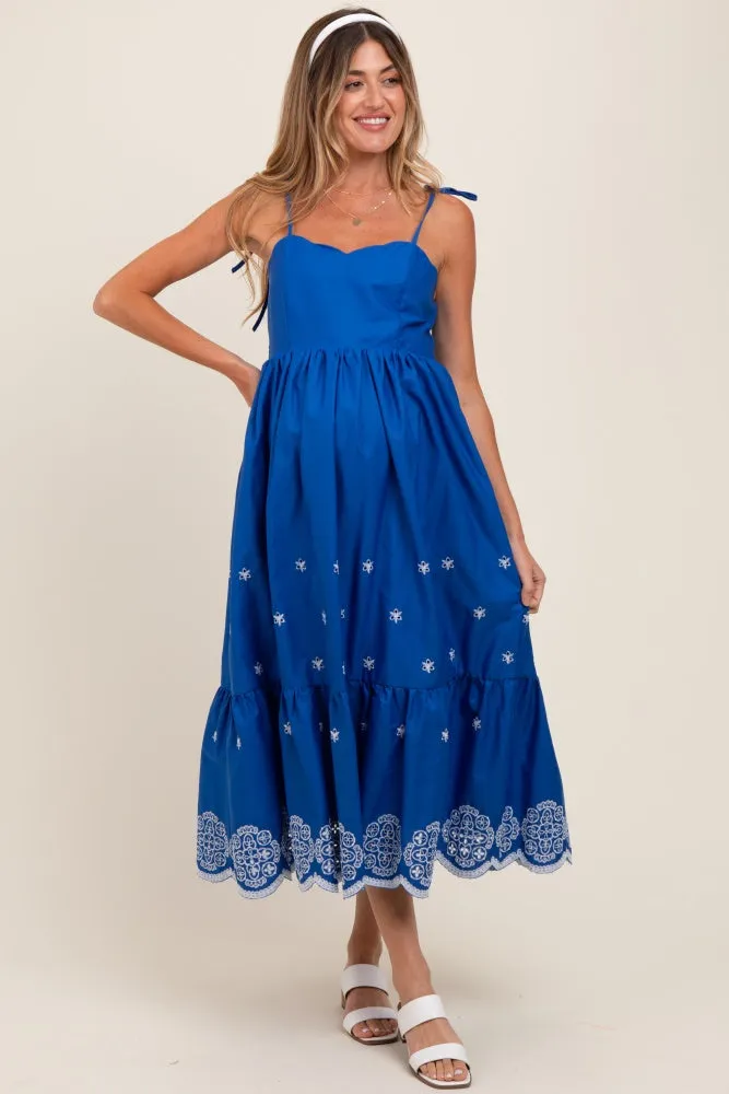 Blue Embroidered Shoulder Tie Maternity Midi Dress sold by Pinkblush product image thumbnail 2