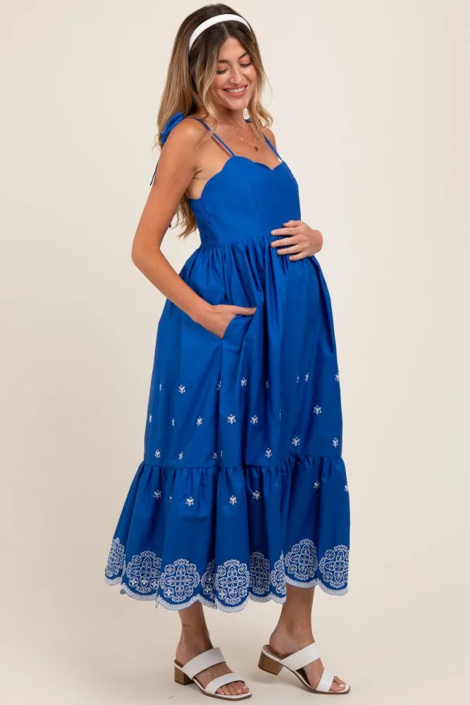 Blue Embroidered Shoulder Tie Maternity Midi Dress sold by Pinkblush product image thumbnail 3