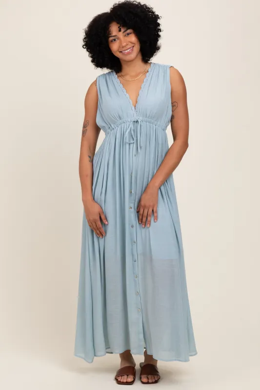 Light Blue Deep V-Neck Sleeveless Button Down Maxi Dress sold by Pinkblush