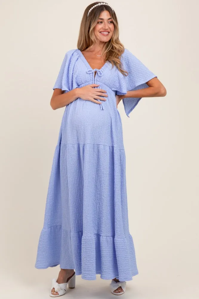 Light Blue Woven Textured Flutter Sleeve V-Neck Tiered Maternity Maxi Dress sold by Pinkblush