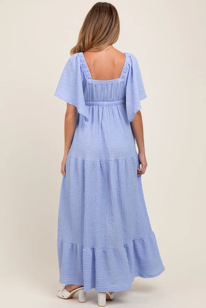 Light Blue Woven Textured Flutter Sleeve V-Neck Tiered Maternity Maxi Dress sold by Pinkblush product image thumbnail 4