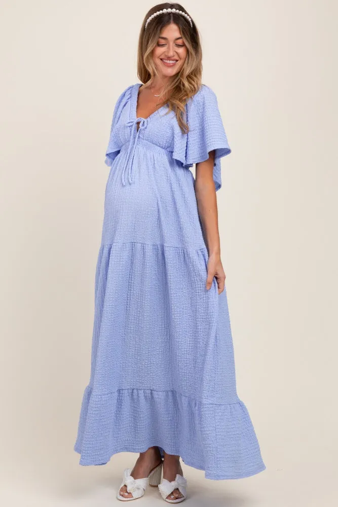 Light Blue Woven Textured Flutter Sleeve V-Neck Tiered Maternity Maxi Dress sold by Pinkblush product image thumbnail 2