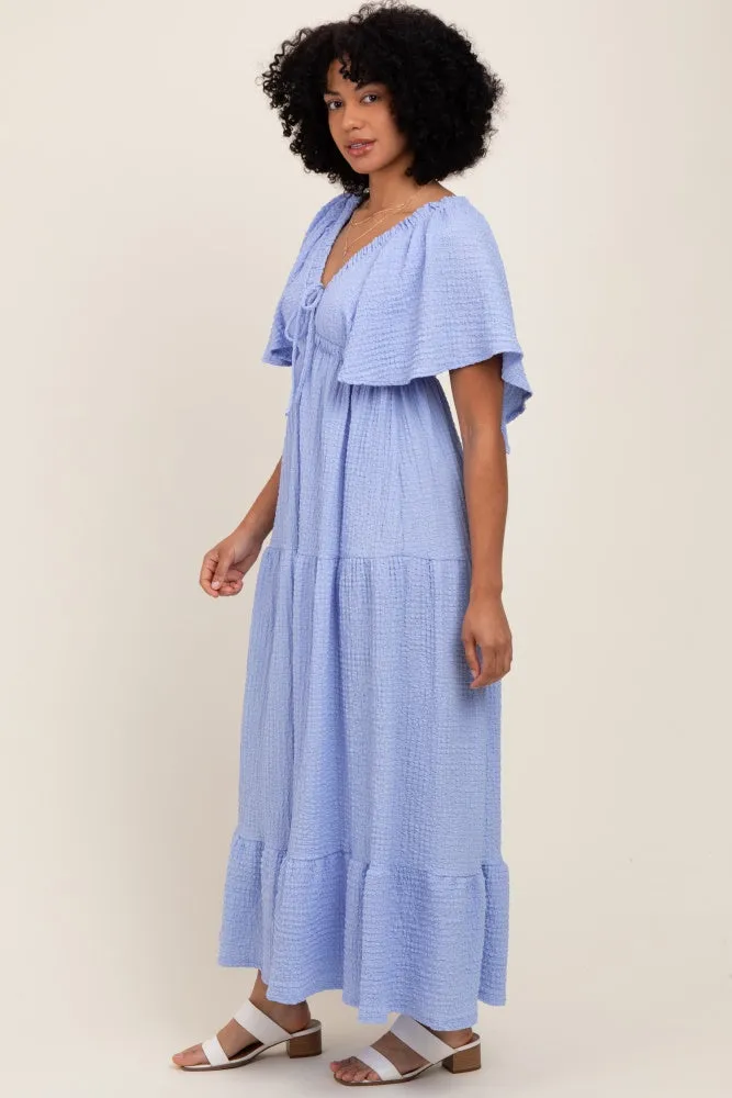 Light Blue Woven Textured Flutter Sleeve V-Neck Tiered Maternity Maxi Dress sold by Pinkblush product image thumbnail 5