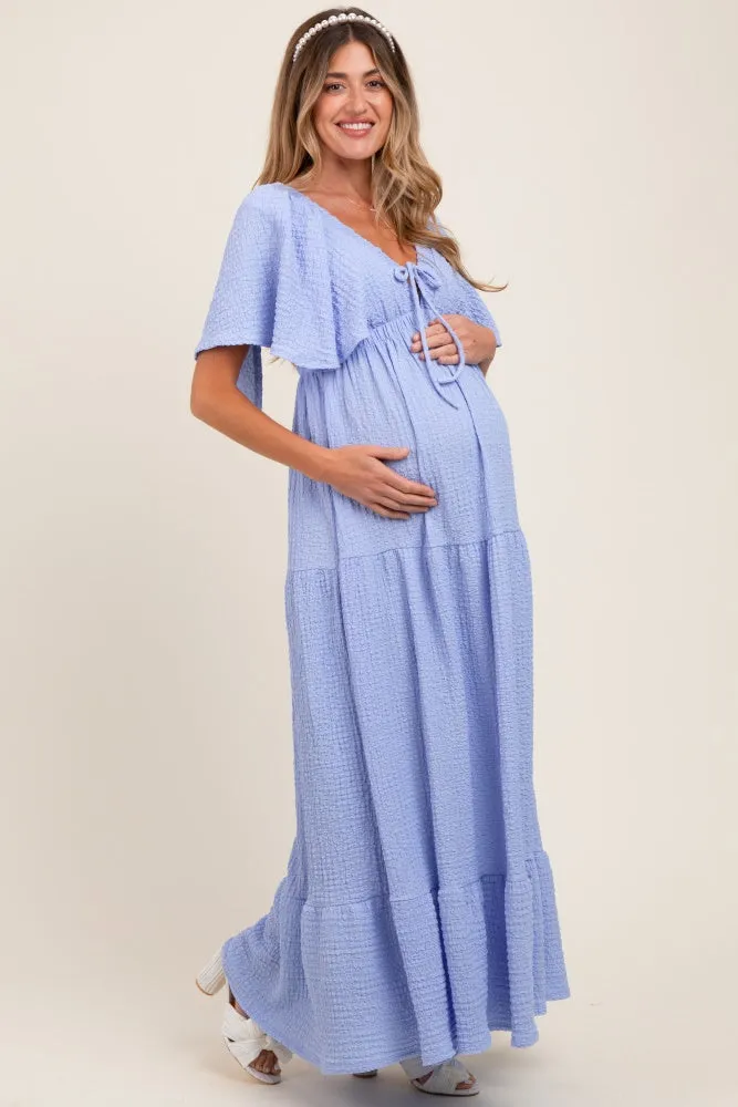 Light Blue Woven Textured Flutter Sleeve V-Neck Tiered Maternity Maxi Dress sold by Pinkblush product image thumbnail 3