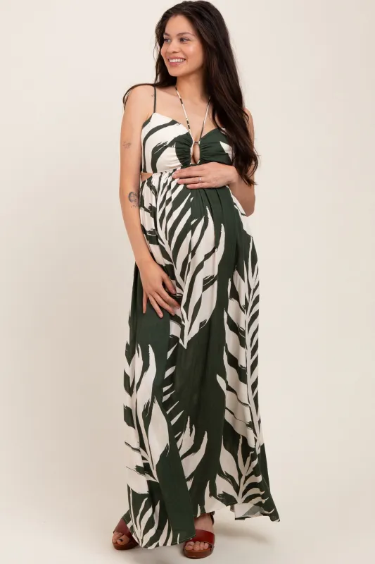 Olive Leaf Print Cutout Tie Back Maternity Maxi Dress made by Aakaa