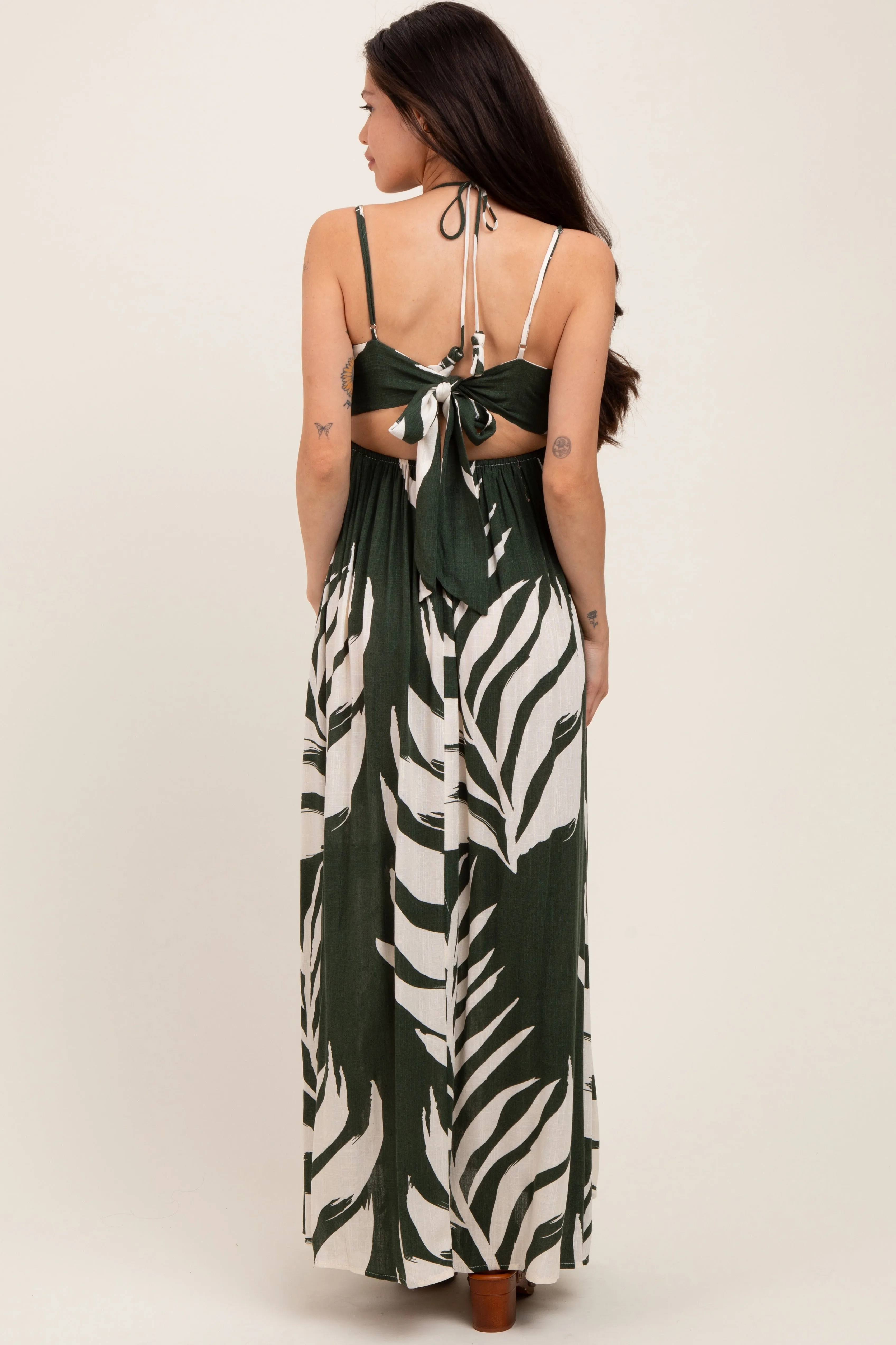 Olive Leaf Print Cutout Tie Back Maternity Maxi Dress sold by Pinkblush product image thumbnail 3