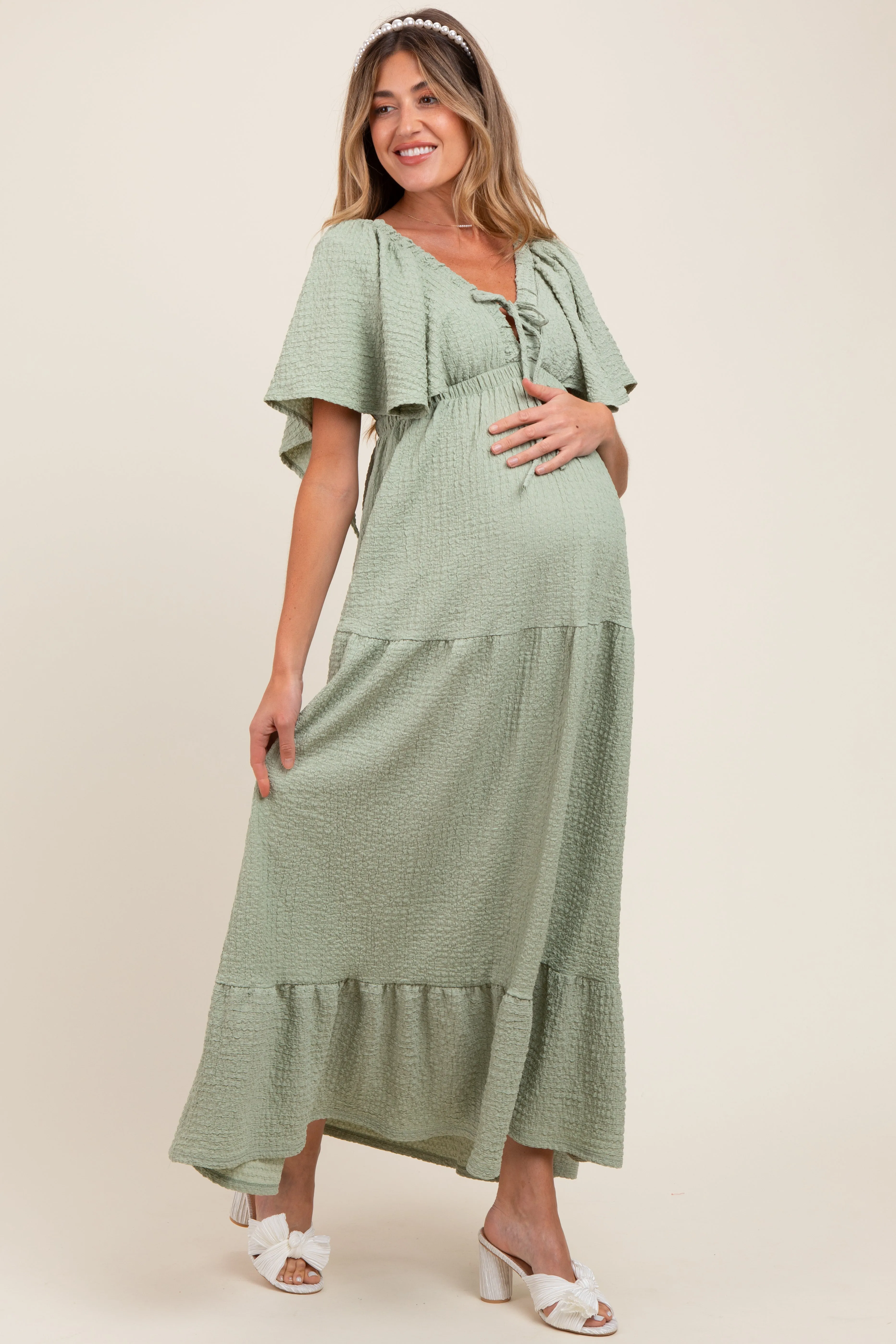 Sage Woven Textured Flutter Sleeve V-Neck Tiered Maternity Maxi Dress sold by Pinkblush product image thumbnail 3