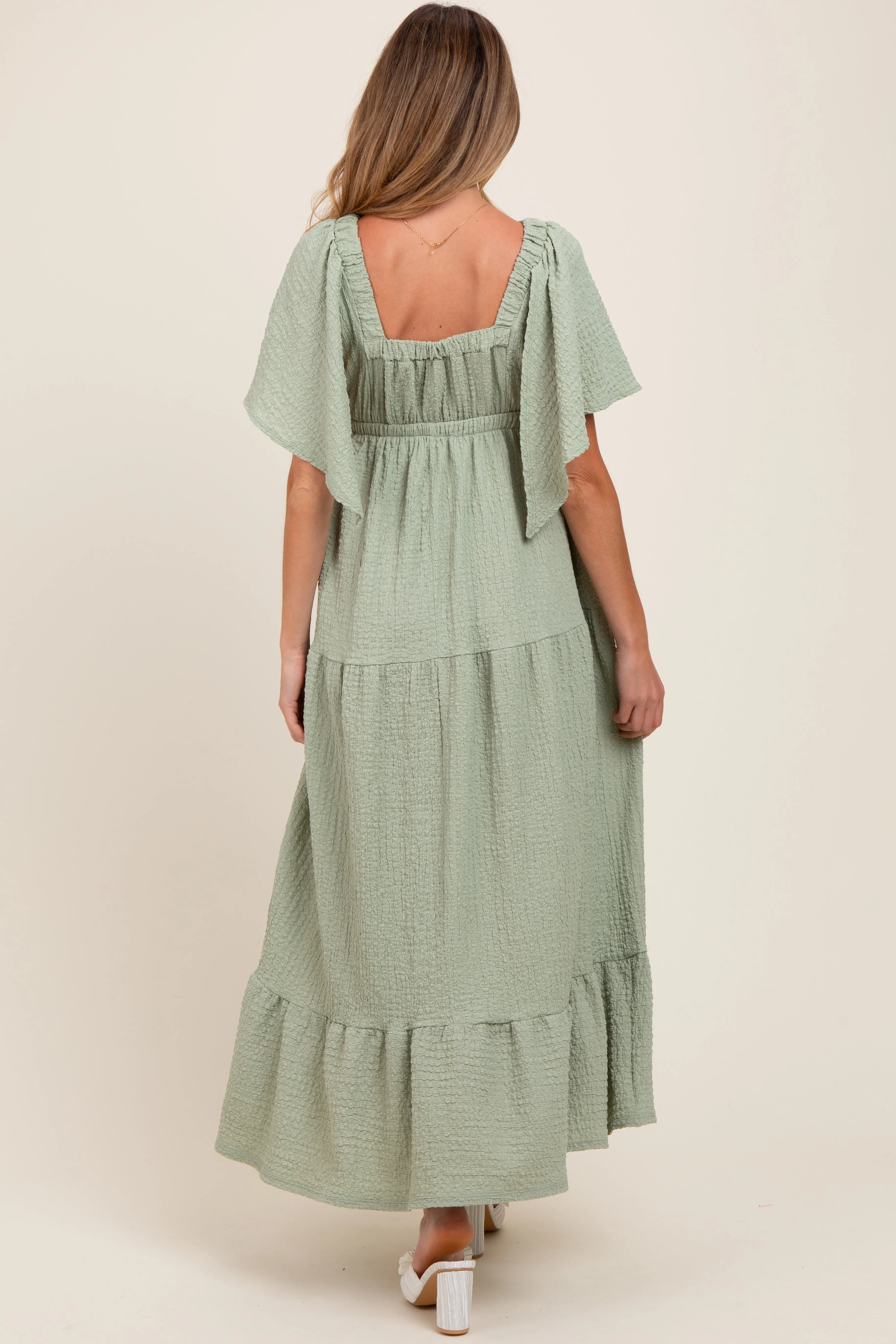 Sage Woven Textured Flutter Sleeve V-Neck Tiered Maternity Maxi Dress sold by Pinkblush product image thumbnail 4