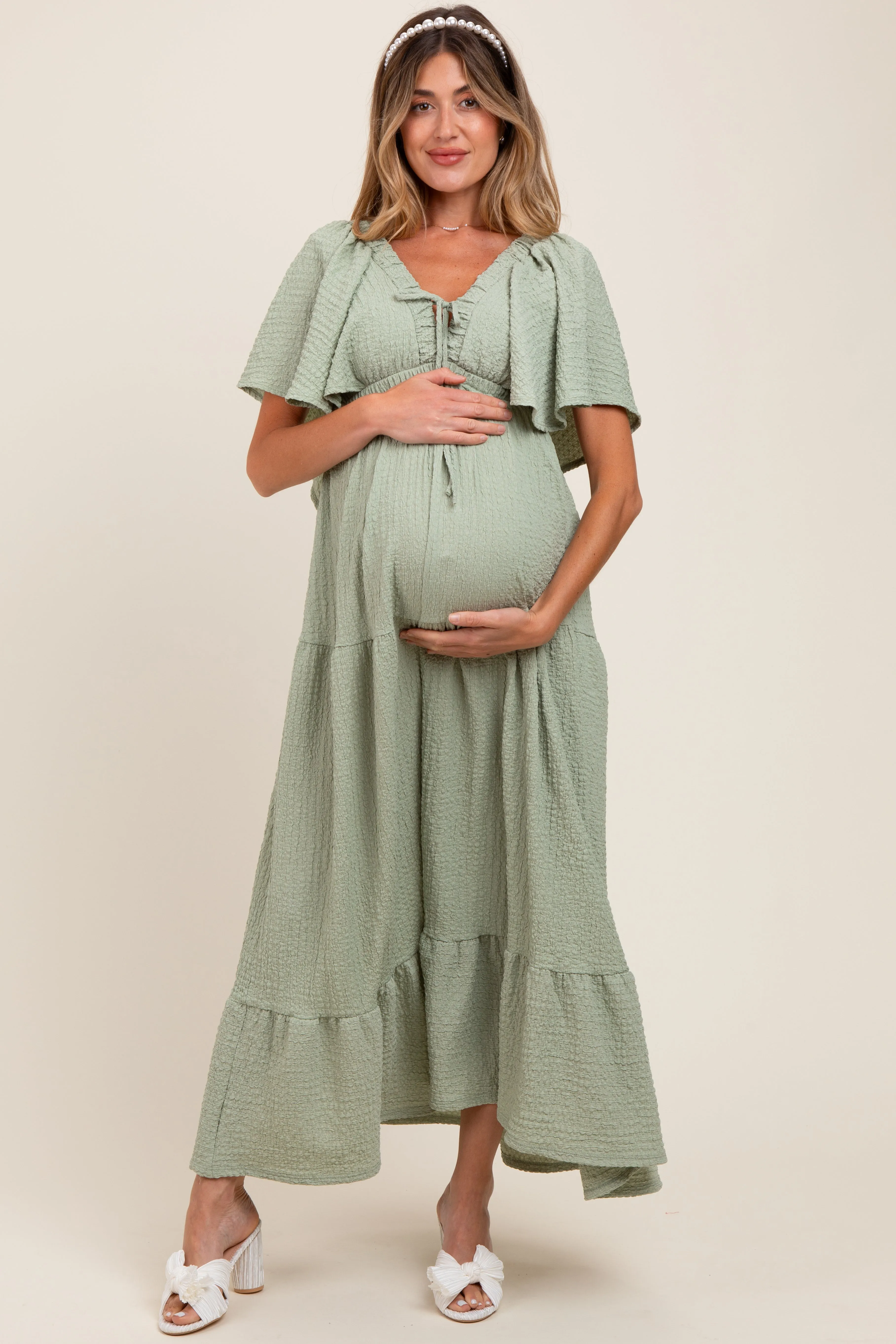 Sage Woven Textured Flutter Sleeve V-Neck Tiered Maternity Maxi Dress sold by Pinkblush product image thumbnail 2