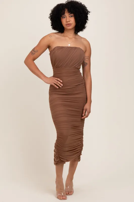 Mocha Mesh Strapless Ruched Maternity Dress sold by Pinkblush