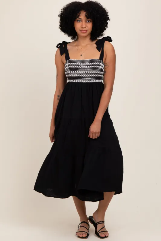 Black Crochet Bodice Shoulder Tie Tiered Midi Dress sold by Pinkblush
