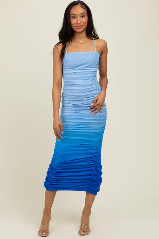 Blue Mesh Ombre Ruched Midi Dress sold by Pinkblush