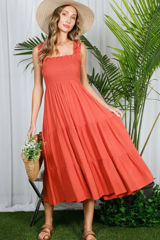 Rust Smocked Ruffle Strap Tiered Midi Dress sold by Pinkblush