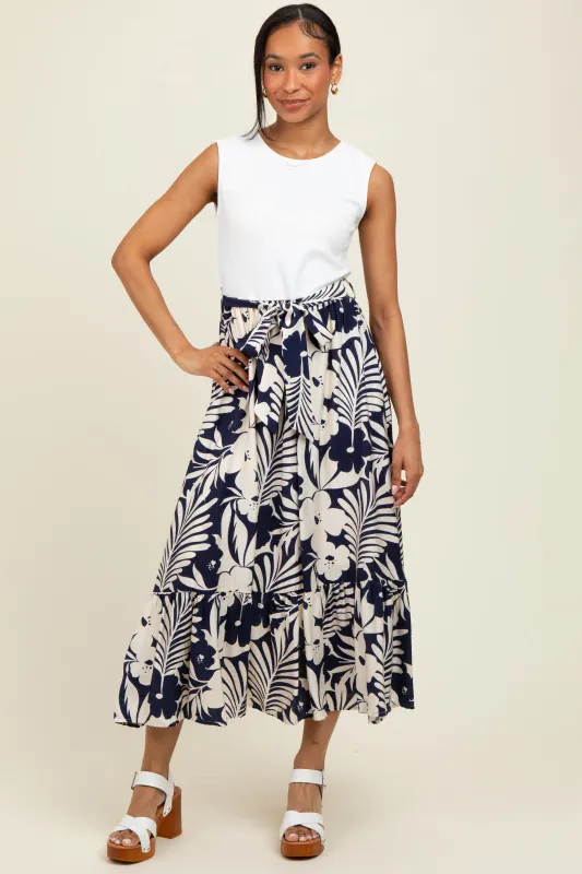 Navy Floral Contrast Top Sash Tie Sleeveless Midi Dress sold by Pinkblush