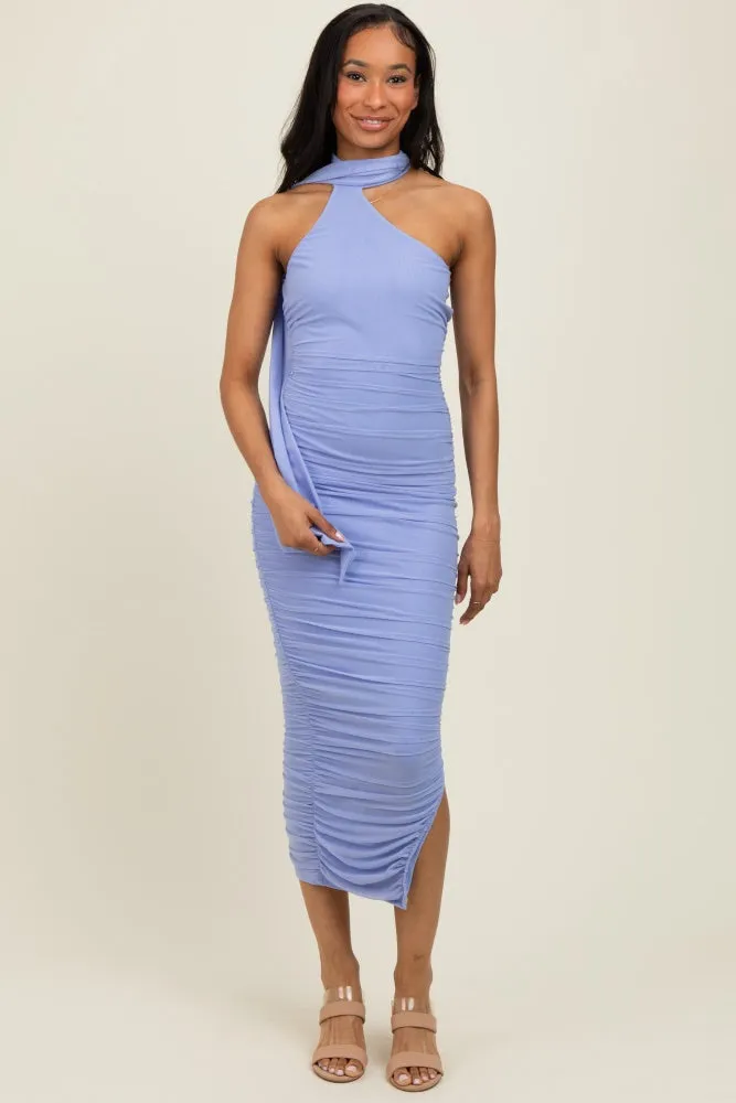 Periwinkle Mesh Draped Scarf Ruched Midi Dress sold by Pinkblush product image thumbnail 2