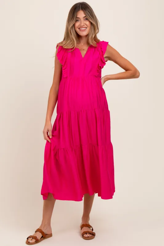 Fuchsia Ruffle Sleeve Tiered Maternity Midi Dress sold by Pinkblush