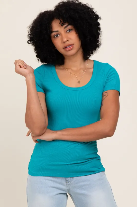 Teal Ribbed Ruched Short Sleeve Top sold by Pinkblush