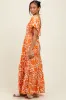 Orange Floral Smocked Puff Sleeve Maxi Dress sold by Pinkblush