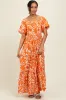 Orange Floral Smocked Puff Sleeve Maxi Dress sold by Pinkblush