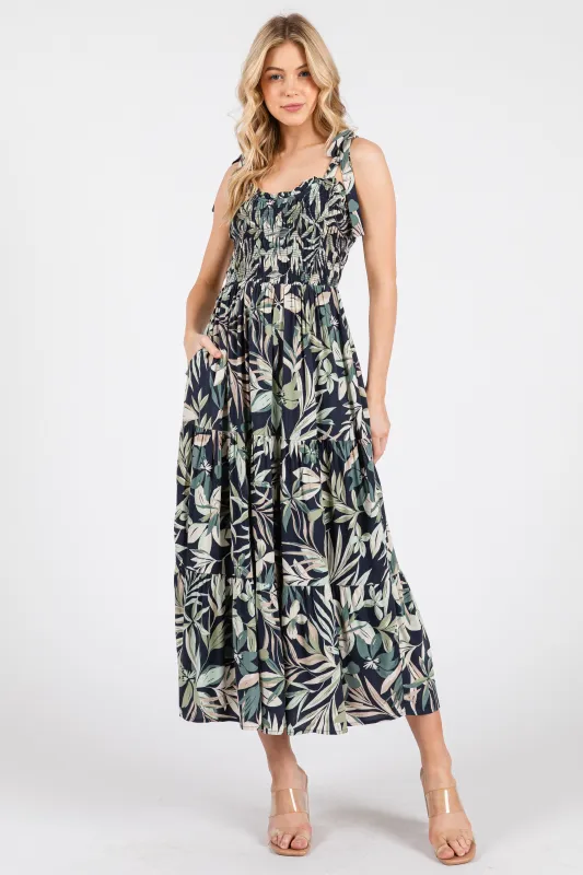 Navy Tropical Print Smocked Shoulder Tie Midi Dress sold by Pinkblush