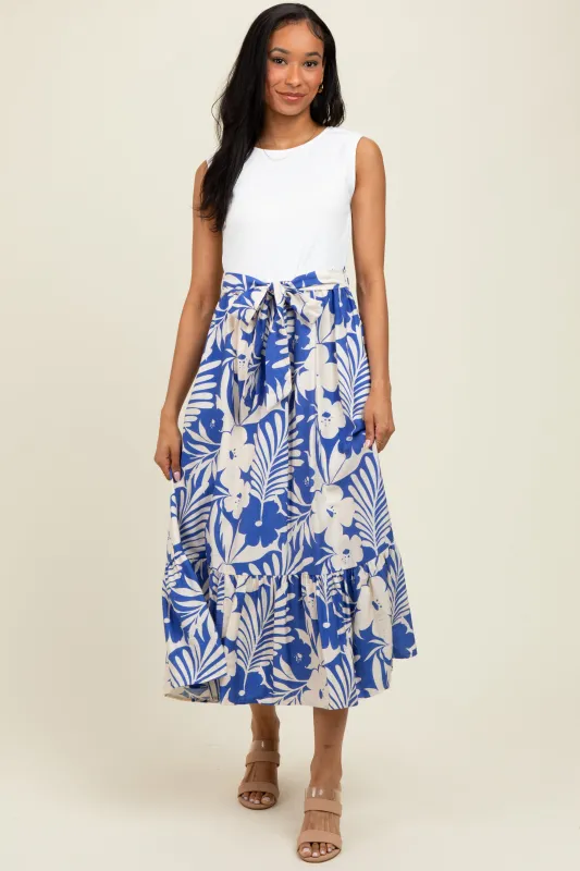 Blue Floral Contrast Top Sash Tie Sleeveless Midi Dress sold by Pinkblush