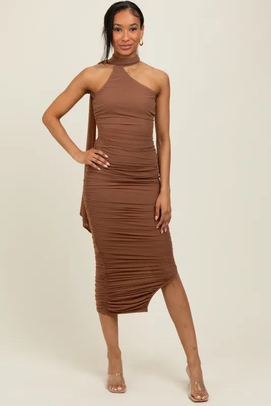 Mocha Mesh Draped Scarf Ruched Midi Dress sold by Pinkblush