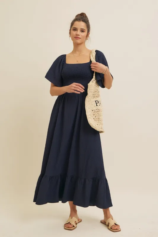 Navy Convertible Stretchy Smocked Maxi Dress sold by Pinkblush