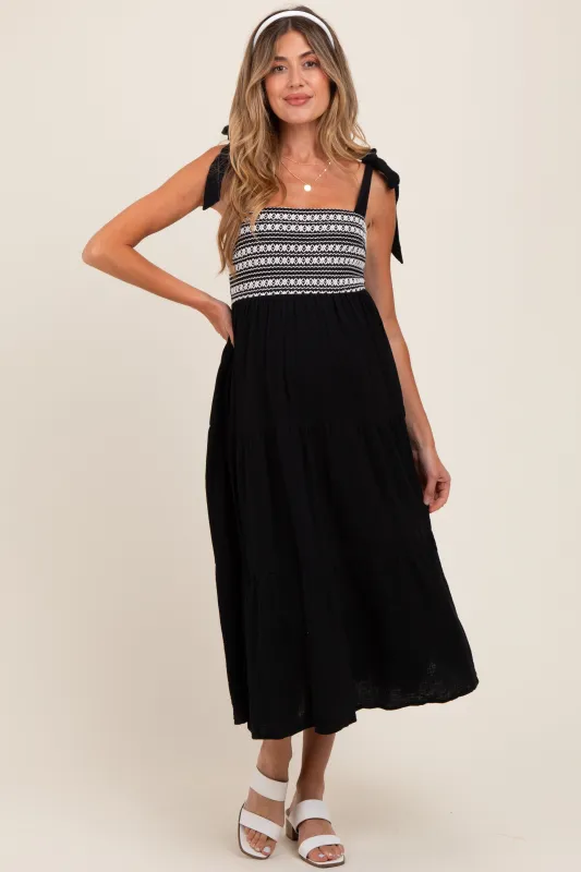 Black Crochet Bodice Shoulder Tie Tiered Maternity Midi Dress sold by Pinkblush