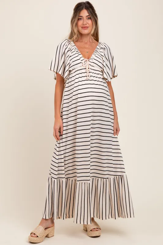 Cream/ Black Stripe Knit Flutter Sleeve V-Neck Tiered Maternity Maxi Dress sold by Pinkblush