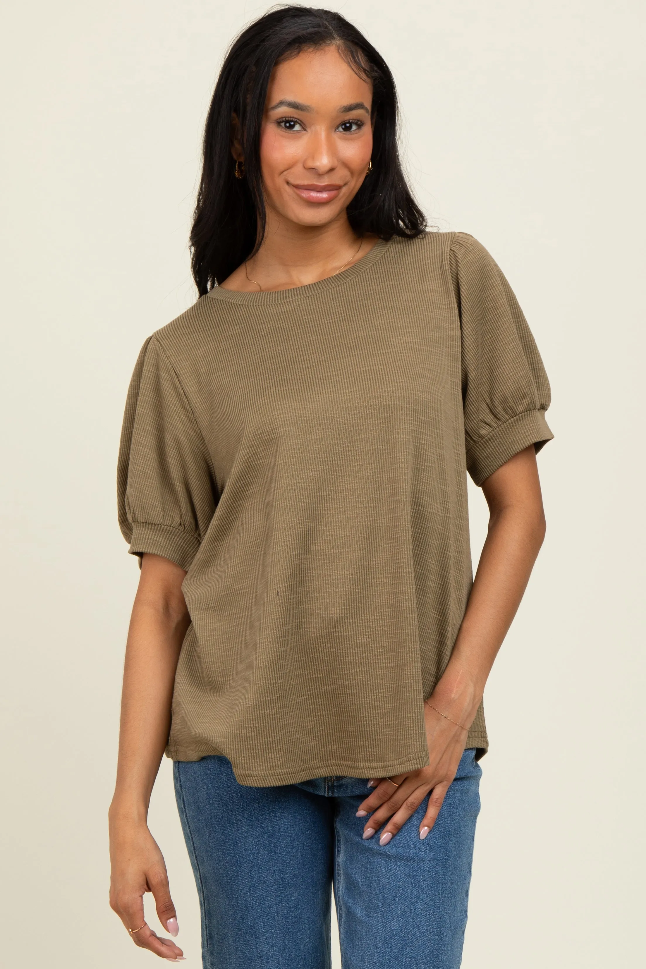 Olive Ribbed Puffed Sleeve Top sold by Pinkblush