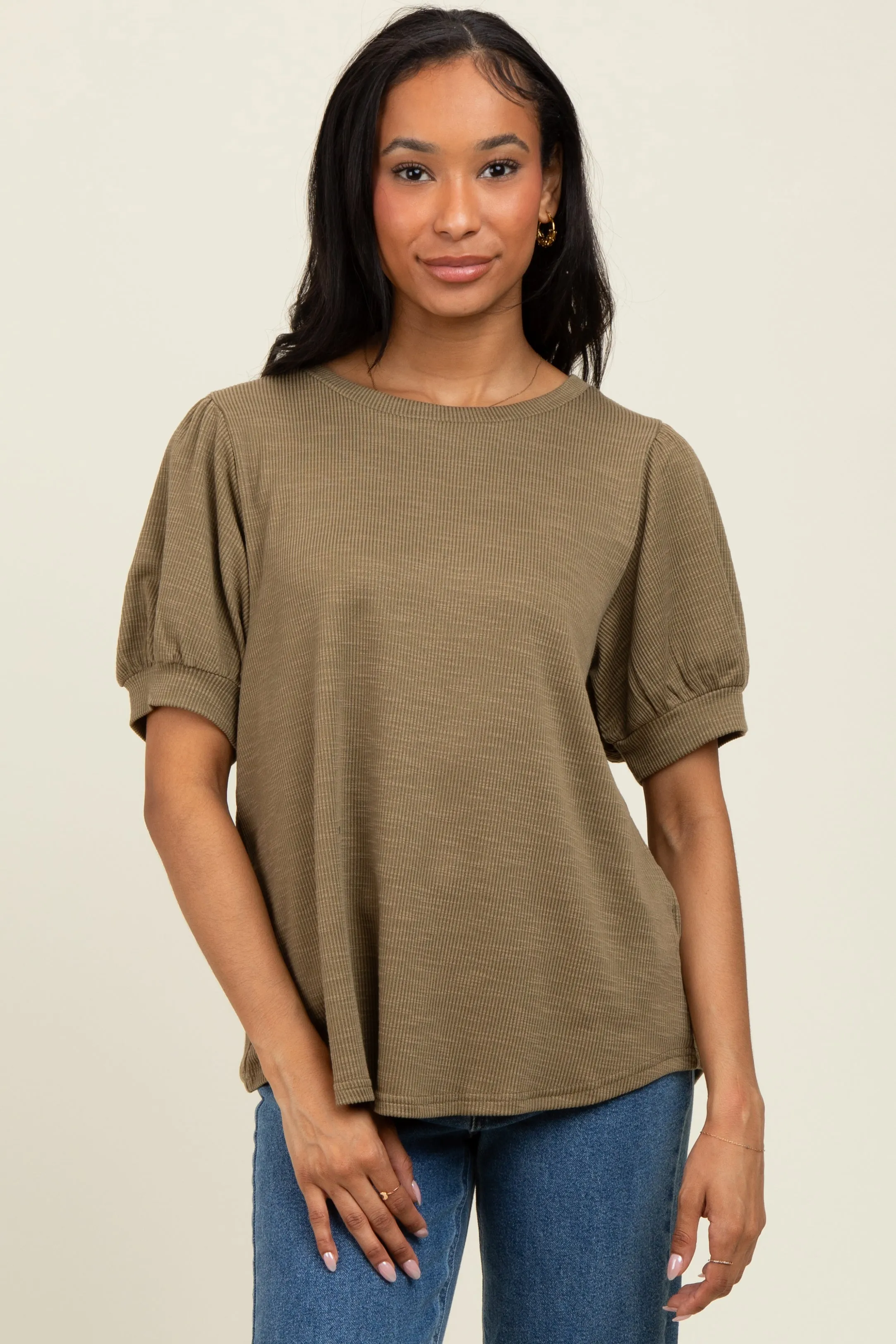 Olive Ribbed Puffed Sleeve Top sold by Pinkblush product image thumbnail 2