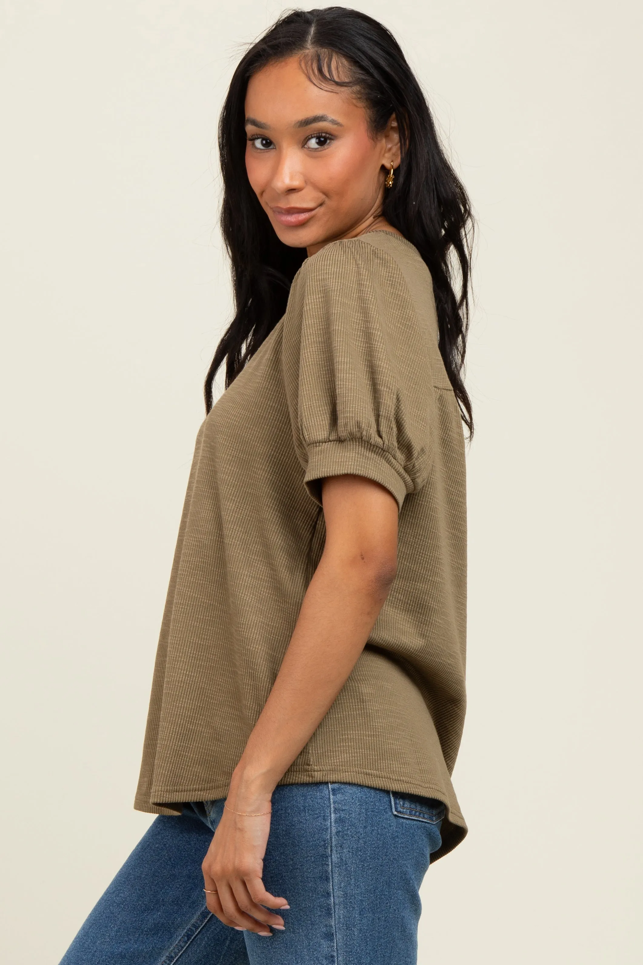 Olive Ribbed Puffed Sleeve Top sold by Pinkblush product image thumbnail 3
