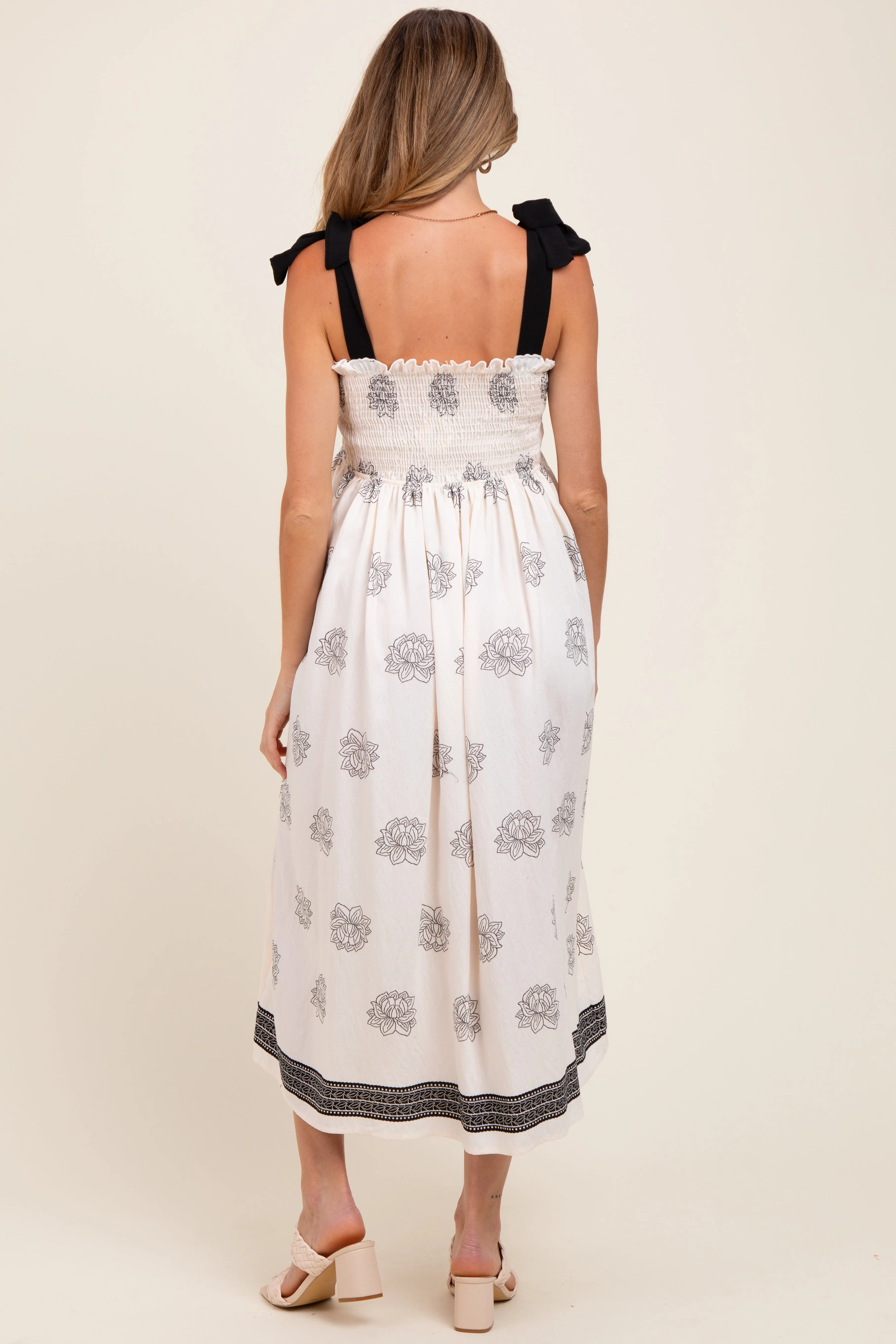 Cream/Black Vintage Floral Border Printed Smocked Top Sleeveless Maternity Maxi Dress sold by Pinkblush product image thumbnail 4