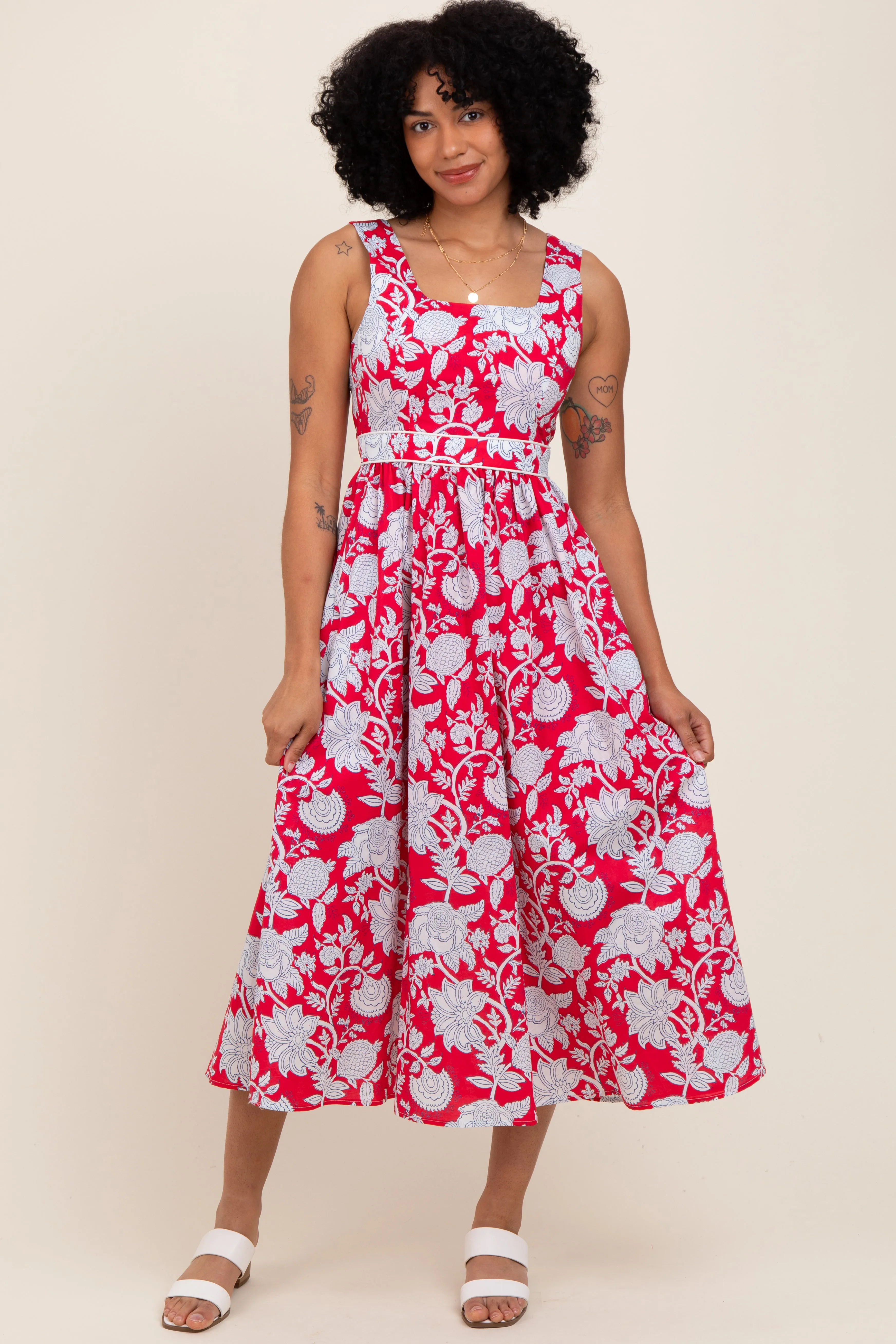 Red Floral Square Neck Sleeveless Maternity Midi Dress sold by Pinkblush product image thumbnail 4