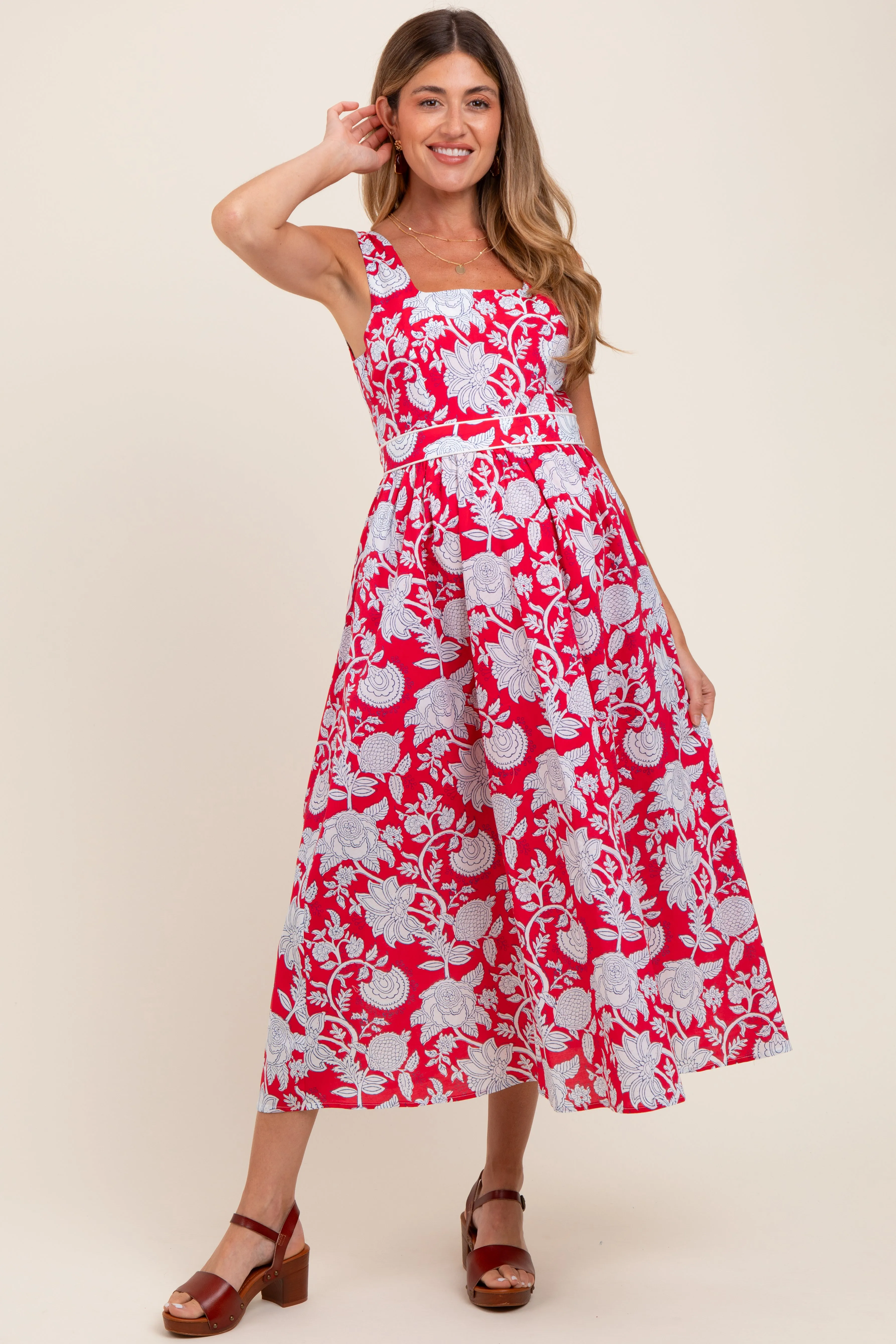 Red Floral Square Neck Sleeveless Maternity Midi Dress sold by Pinkblush