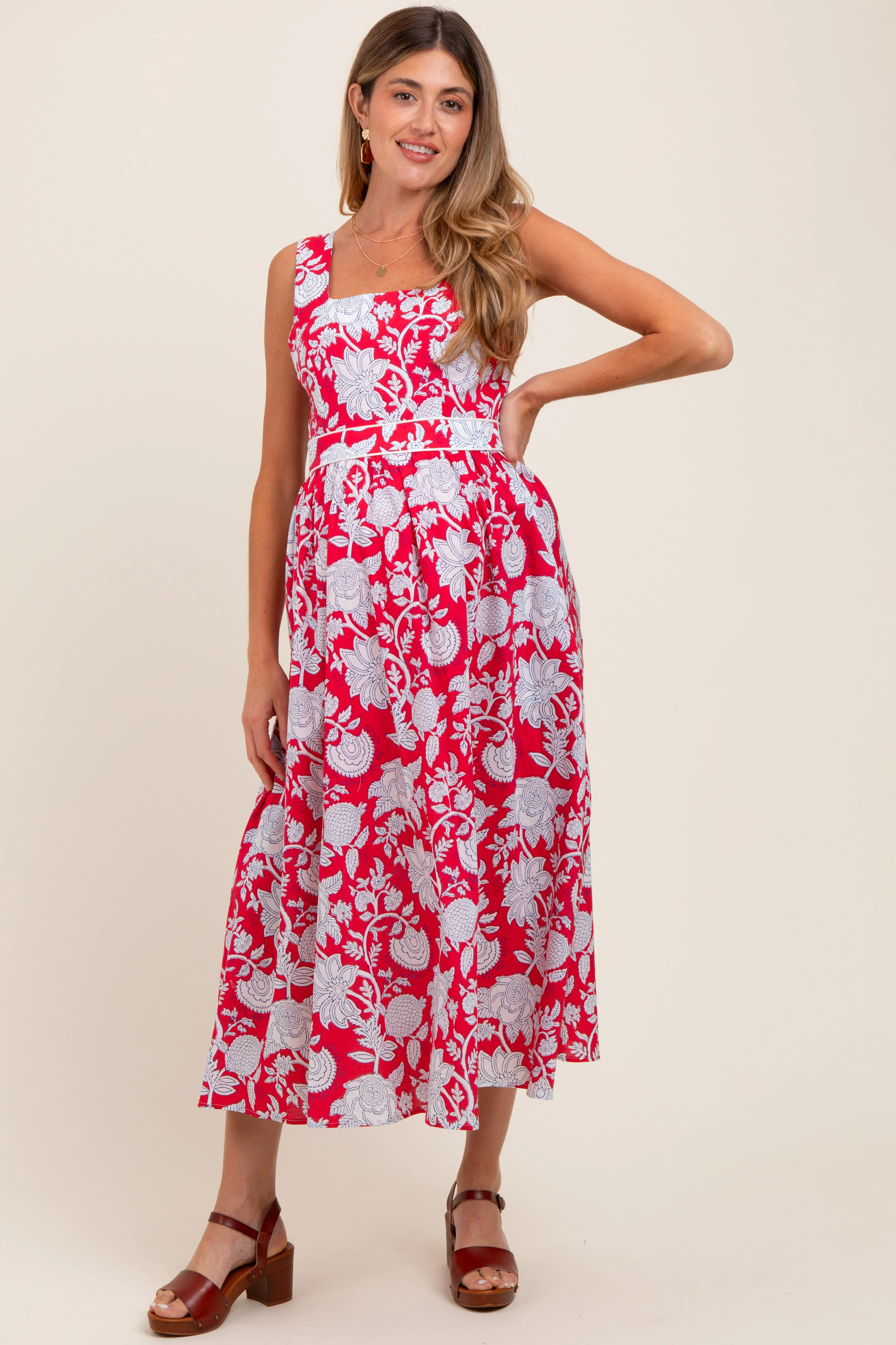 Red Floral Square Neck Sleeveless Maternity Midi Dress sold by Pinkblush product image thumbnail 2