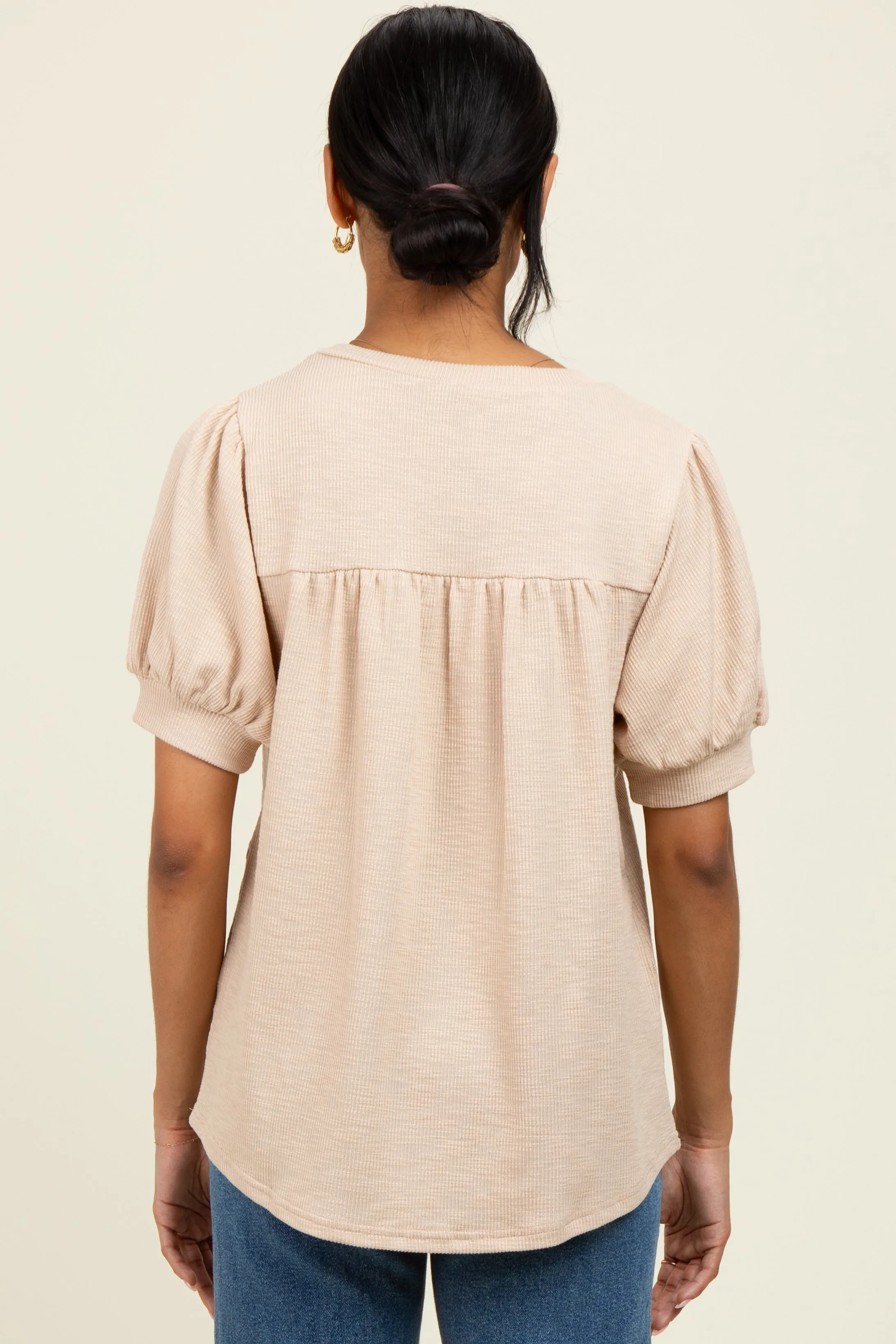Beige Ribbed Puffed Sleeve Top sold by Pinkblush product image thumbnail 4