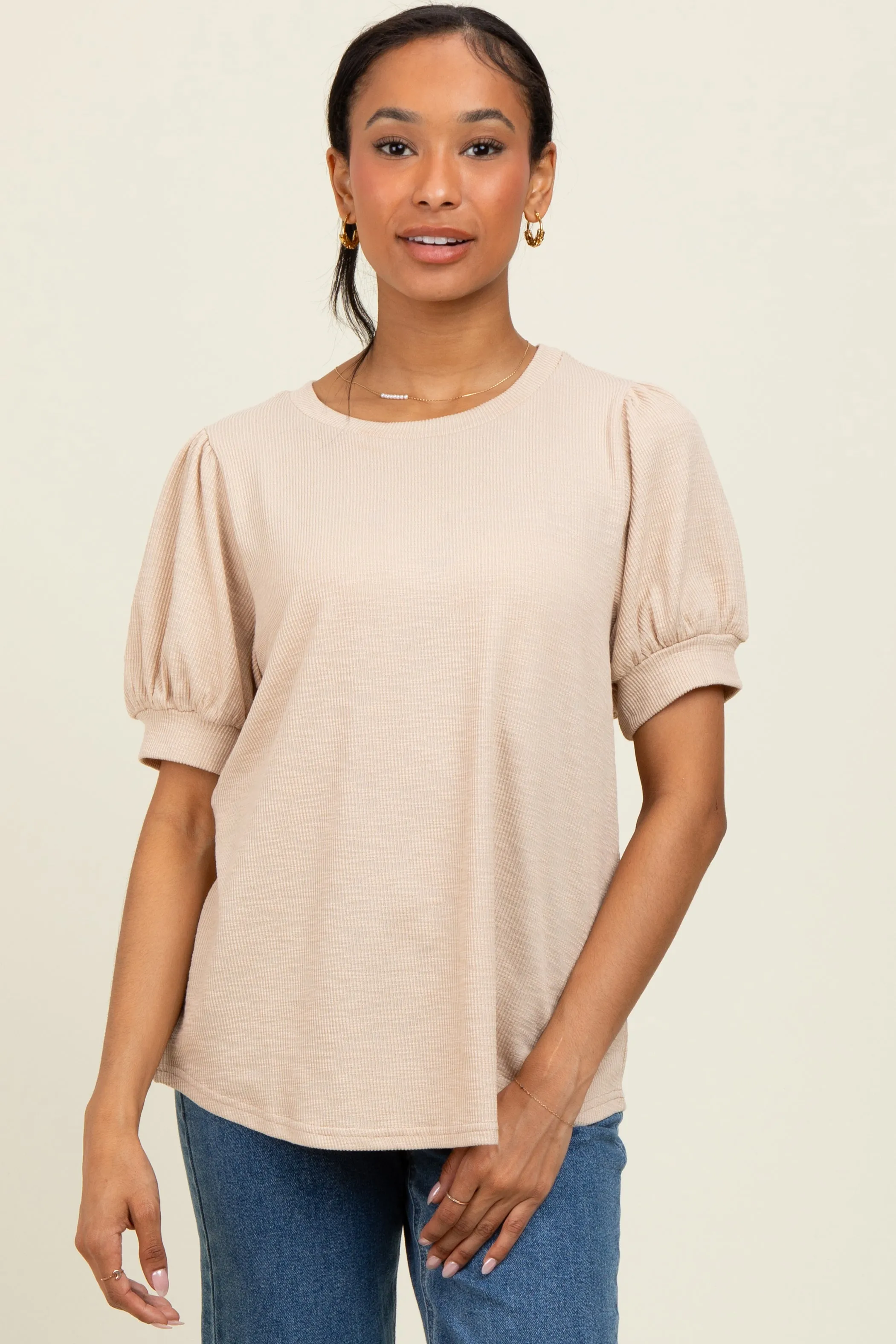Beige Ribbed Puffed Sleeve Top sold by Pinkblush