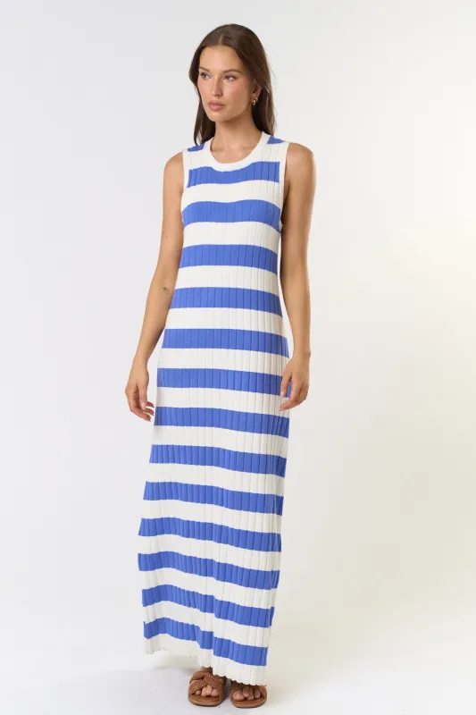 Blue Ribbed Striped Knit Sleeveless Maxi Dress sold by Pinkblush